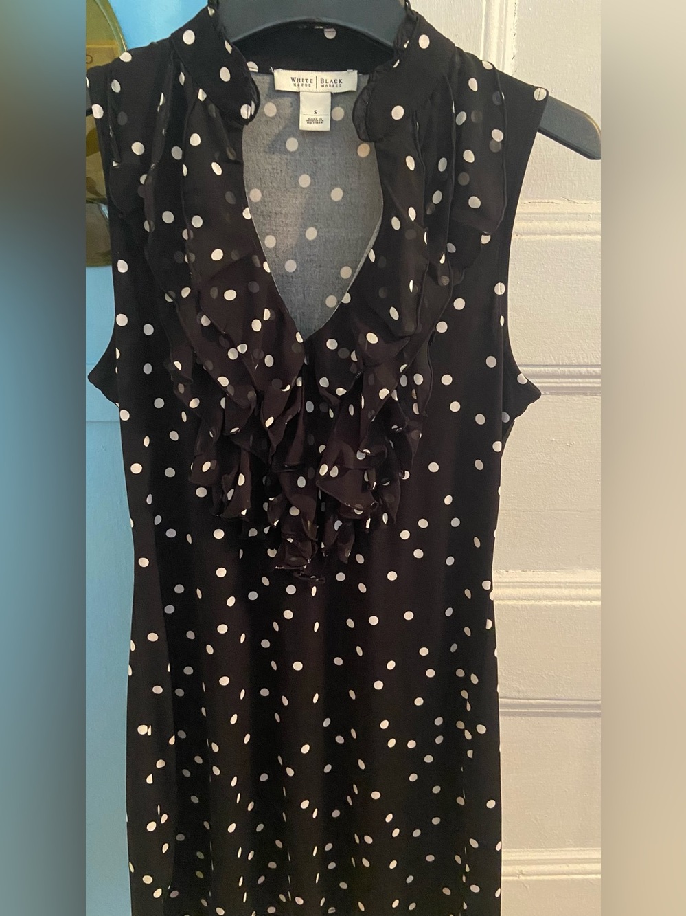 White House Black Market Black and White Polka Dot Ruffle V-Neck Dress